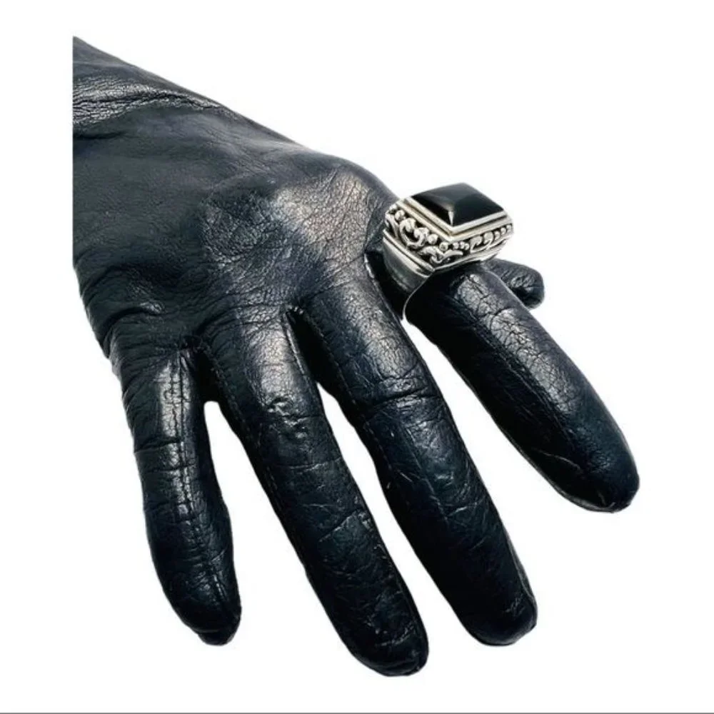 925 Thailand Silver Filigree Large Square Statement RingW/ Black Onyx Cabochon - Picture 5 of 13